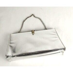 Vintage Faux Leather Metallic Silver Frame Clutch Chain Evening Bag Purse 8"